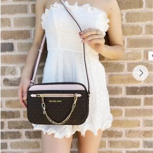 Michael Kors MK Jet Set Chain East West Large Crossbody Brown Powder Pink Logo